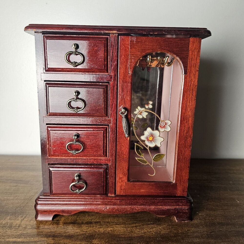 Vintage Wardrobe-Style Jewelry Box with Faux Stained Glass Door